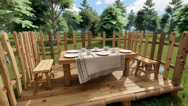 Outdoor wooden dining table setup in backyard with fence and trees.