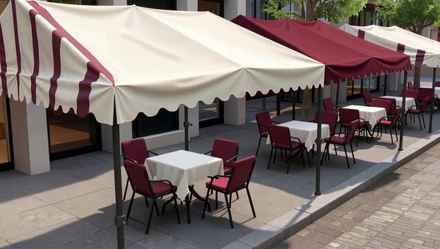 Outdoor cafe seating under striped awnings on a sunny day.