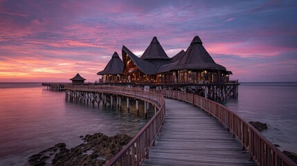 Stunning resort building on stilts over calm ocean at sunset