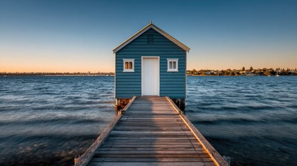Tranquil blue boathouse on wooden pier overlooking serene water at sunset