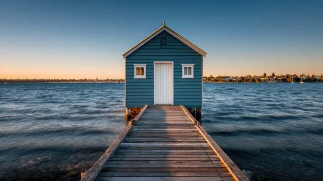 Tranquil blue boathouse on wooden pier overlooking serene water at sunset