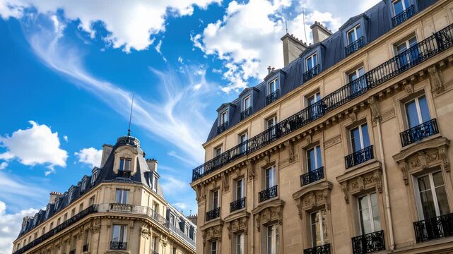 Parisian Haussmann Architecture Buildings Facade Balcony Windows Blue Sky Clouds