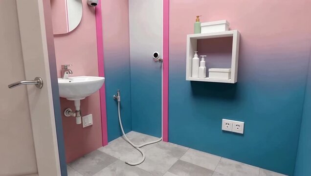 Colorful gradient Bathroom Interior with Pink Blue Walls and Fixtures.