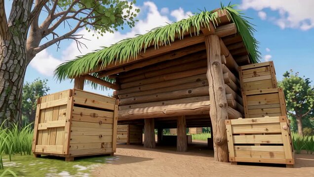 Rustic wooden gate with thatched roof crates at entrance.