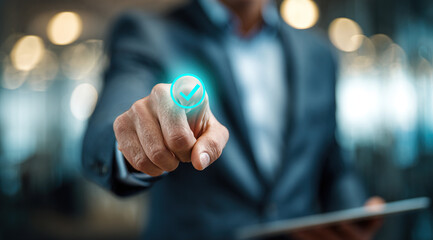 Businessman interacting with digital interface with checkmark