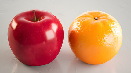 白い背景に並んで置かれた赤いリンゴとオレンジ　比較と違いのビジネスコンセプト3Dイラスト