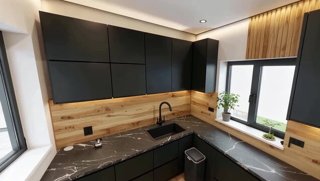Modern dark cabinets and wooden backsplash in bright kitchen design.