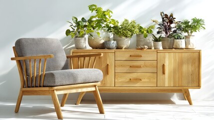 Wooden cabinet and armchair with potted plants against white wall