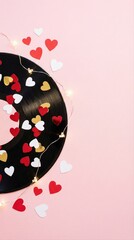 Naklejka premium vinyl record with paper hearts and string lights on pink background creating romantic mood