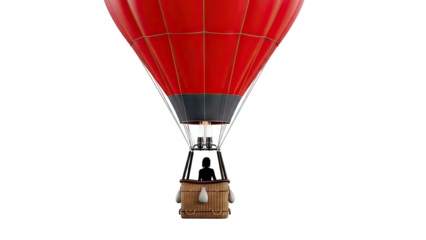 Red hot air balloon with silhouette of pilot ascending