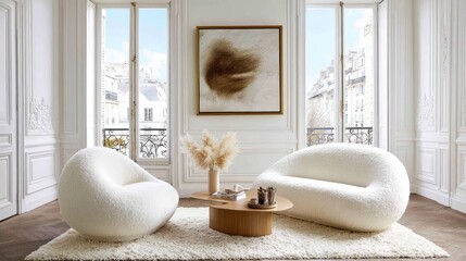 Modern living room interior design with white sofa and artistic decor