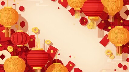 Chinese New Year background with hanging lanterns and red envelopes