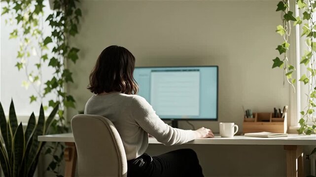 Young woman in focused mood working on computer at clean white desk with green plants representing remote work