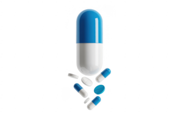 Blue and white capsules pills medication isolated on a transparent background