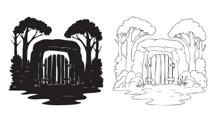 Naklejka premium Grunge ink vector illustration of a silhouette tree integrated into an ancient city pattern with paint elements and a barcode design concept