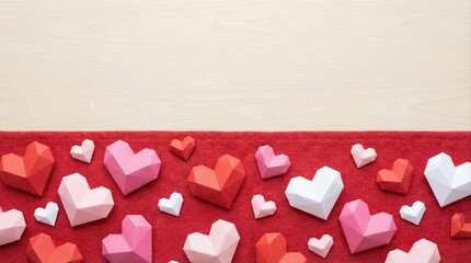 colorful paper hearts on red fabric background for valentine's day celebration love concept