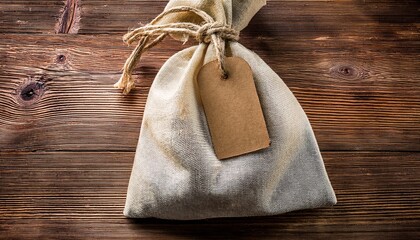 natural linen gift bag with wooden tag on rustic wooden surface background