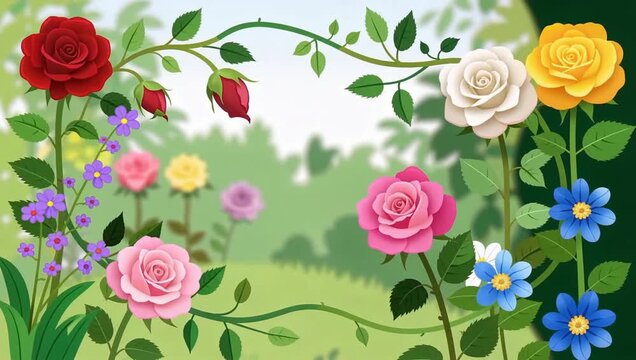 Colorful garden border with blooming roses and vines frame.
