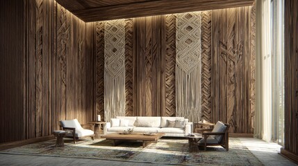 Elegant living room interior with wooden walls and modern furniture