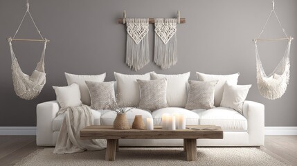 Cozy living room interior with white sofa cushions and decorative macrame details