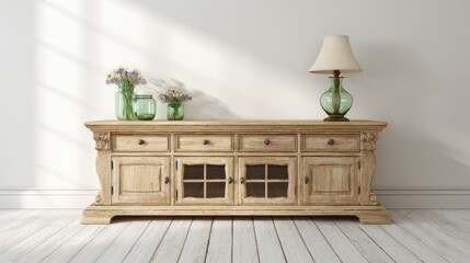 Wooden cabinet with lamp and vases against white wall