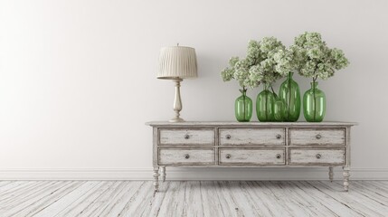 Elegant room interior table with lamp and green vases against white wall