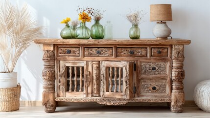 Rustic wooden cabinet with flowers and lamp in bright interior setting