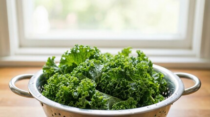 fresh green kale leaves in metal colander by window on sunny kitchen counter