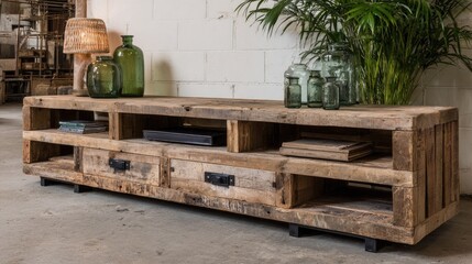 Rustic wooden entertainment center with decor against a white wall