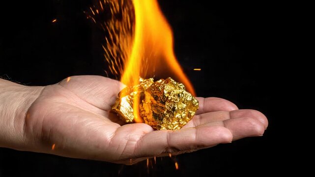 Gold nugget burning in hand, extreme close-up, fire sparks, black background