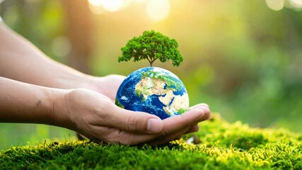 Hands holding planet earth with tree growing, symbolizing ecology and environmental protection