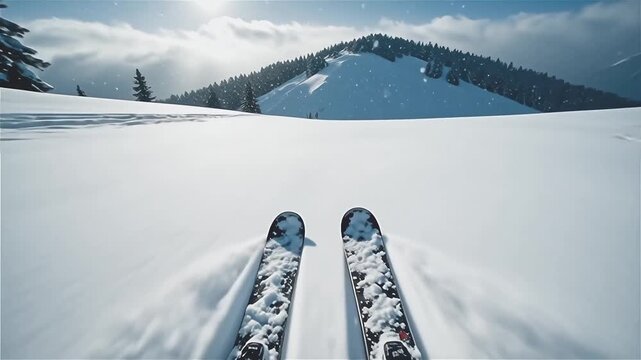 First person view of black skis moving fast through fresh white snow representing winter sports
