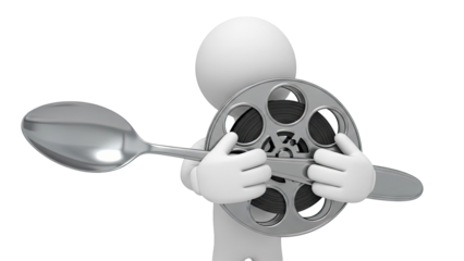 White Figure Holding Film Reel with Spoon