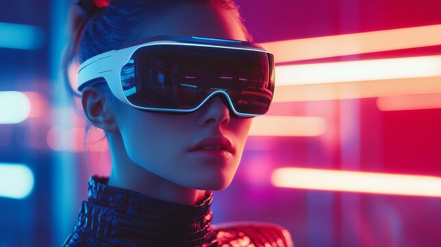Woman wearing futuristic virtual reality goggles in neon lit room - Powered by Adobe