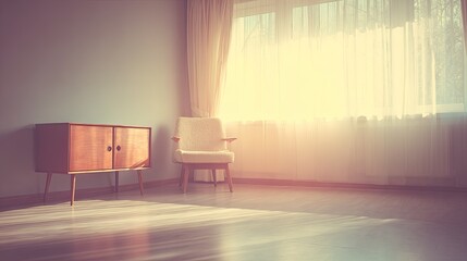 Minimalist interior design with cabinet and chair bathed in natural sunlight