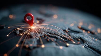 Red map pin with glowing orange connections on dark background