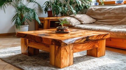 Wooden coffee table with plants and sofa in a cozy interior
