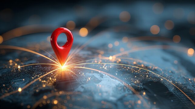 Glowing red map pin on a world map with connecting lines and dots - Powered by Adobe