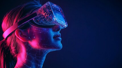Woman wearing futuristic virtual reality headset with neon lights