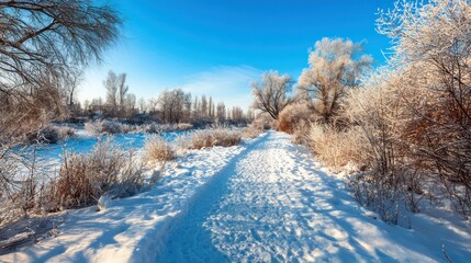 Sunlight illuminates a snow-covered path winding through a winter landscape beside frozen vegetation under a bright blue sky.