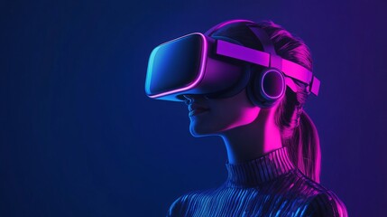 Woman experiencing virtual reality with VR headset and headphones