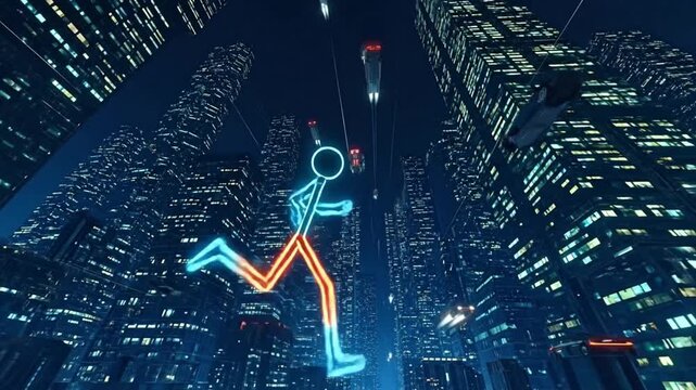 A glowing figure running in a neon-lit, futuristic cityscape at night.