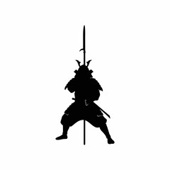 Japanese Samurai Warrior Silhouette Holding Long Spear Weapon Isolated on White