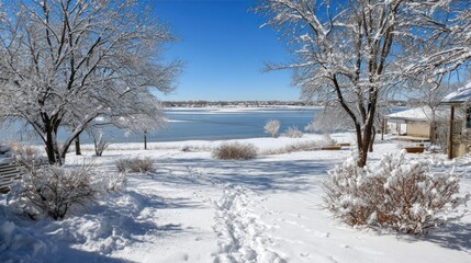 Bare deciduous trees and shrubs display heavy frost cover across a snowy landscape beside calm water under clear blue sky