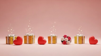 Valentine's Day gifts, hearts, and roses on pink background