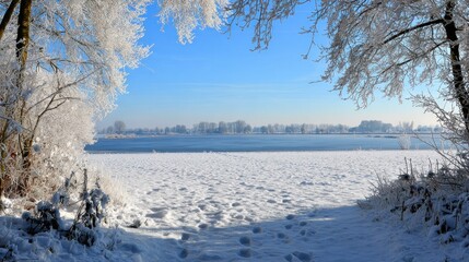 Frost covered tree branches frame a bright blue sky above a snowy field and wide river
