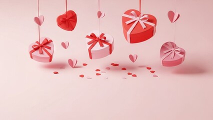 Hanging Heart-Shaped Gift Boxes with Scattered Confetti