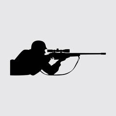 Military Sniper Silhouette Aiming Rifle in Prone Position Isolated on grey Background