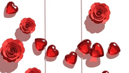 Red Paper Roses and Glass Hearts on White Background