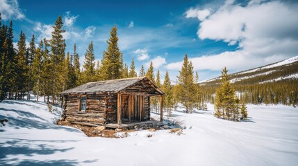 Weathered wooden cabin rests in a bright snowy mountain landscape under a blue sky